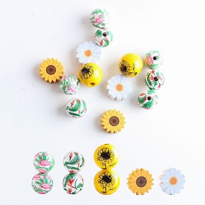 50 Pieces Summer Beads Summer Wood Beads Sunflower Wooden Beads Rustic Farmhouse Spacer Beads for DIY Crafts Handmade Home Decorations Spring Summer Party Supplies, 5 Styles