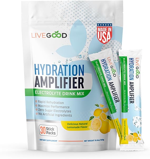 LIVEGOOD Hydration Amplifier Lemonade, Electrolyte Powder with Minerals for Hydration, Energy, Mental Focus and Muscle Support, Oral Rehydration Therapy Drink Mix for Daily Performance (Stick Packs)