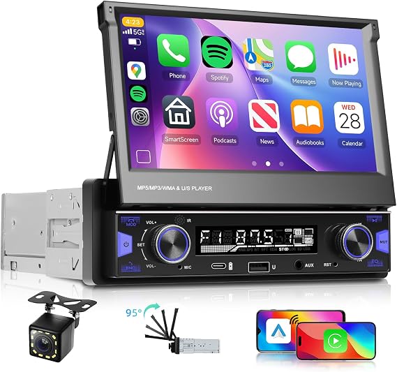 Single Din Flip Out Touch Screen Stereo with Wireless Carplay Android Auto,7 Inch Radio with Bluetooth AM/FM/RDS Radio,Mirror Link/USB/AUX/Type-c/Steering Wheel Control+Backup Camera