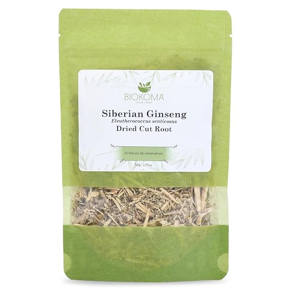 Biokoma Siberian Ginseng Root 50g (1.76 oz) Eleuthero senticosus - Dried Cut Energy Boost Wellness Support Herbal Tea Caffeine-Free Resealable Moisture Proof Pouch No Additives No Preservatives Kosher