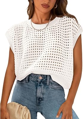 Crochet Cap Sleeve Tops for Women Beach Cover Ups Summer Sweater Crochet Vest Cute Pullover Spring Knit Tank Tops
