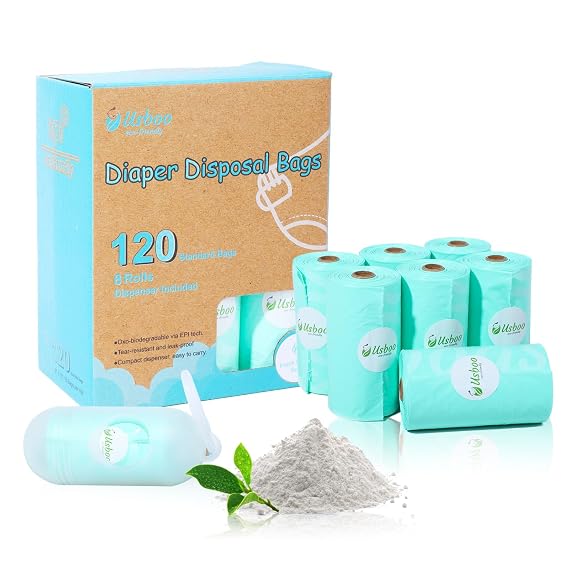 USBOO Scented Disposable Diaper Bags, 8 Rolls / 120 Bags, Blue