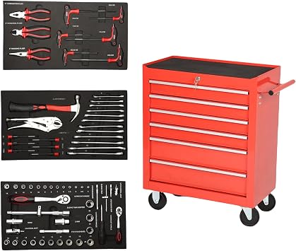 6 Drawers Utility Rolling Tool Chest Cabinet with 79Pcs Hand Tools Wheels Lock for Garage Warehouse Workshop, Red