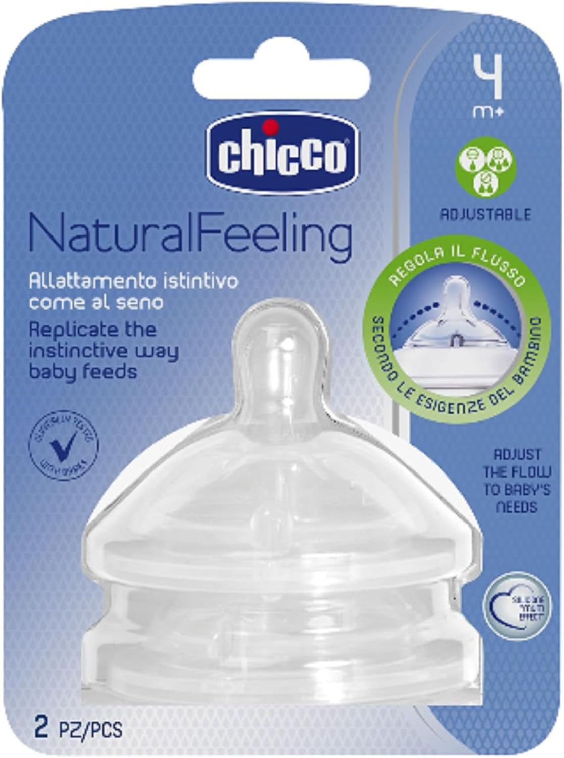 Chicco NaturalFeeling Flow Adjustable Bottle Pacifier 4 Months, 2-pack