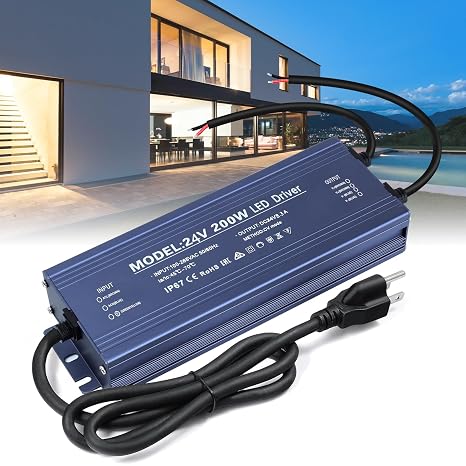 LED Driver 24V, BRIMETI LED Power Supply 200W Waterproof IP67 Transformer Adapter 110V AC to 24V DC Converter Low Voltage Output with 3-Prong Plug 3.3 Feet Cable for Outdoor Light Strip, 8,3 Amp