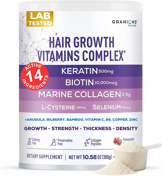 Granions Hair Supplements for Hair Growth Powder - 35,000 mcg biotin Collagen Keratin, Strength, Thickness, Loss Support for Women and Men - Collagen Peptides, Biotin 10,000, Keratin, Aminos - 10.5oz