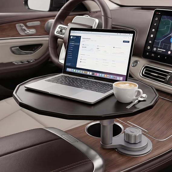 Updated 4-way Base 2 Height Modes Car Laptop Desk, Car Desk for Laptop Rotating Solid Birch Wood Cup Holder Tray, Cup Holder Table for Model 3/Y & Most Vehicles, Tesla Table, Mid Console Laptop Tray