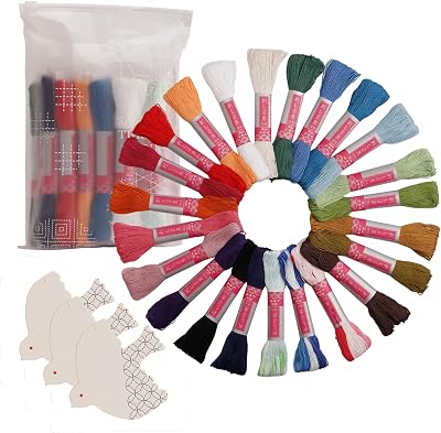 Daruma Sashiko Mini Skein Thread Set 100% Cotton Embroidery Floss for Hand Stitching and Crafts | Zipper Bag & 3 Bird Thread Cards | Made in Japan 23 ColorsThick