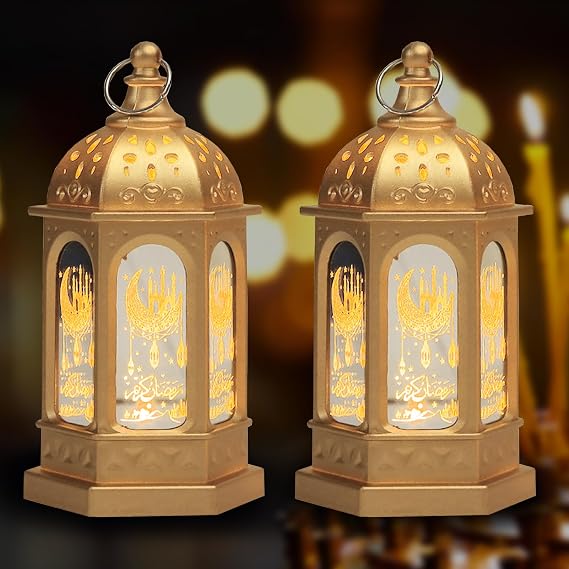 2PCS Ramadan Lantern for Ramadan Decorations, Gold Mini Castle Moon Pattern Ramadan Lantern for Ramadan Table Decorations Ramadan Gifts Home Decor, Ramadan Lights Lantern Decor Outdoor