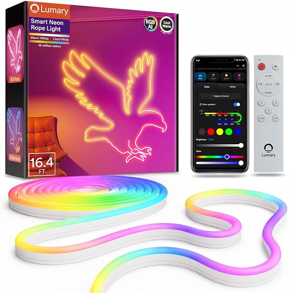 Lumary Smart RGBAI Indoor Neon Rope Light 16.4Ft, CCT 2200-6500K, 180LEDs/m