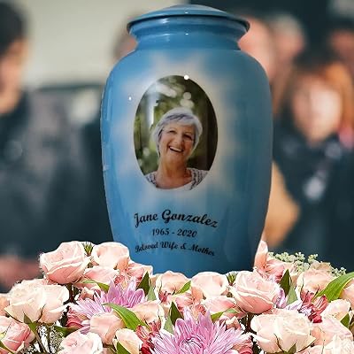 Personalized Blue Funeral Cremation Urn - Custom Photo Urn Personalized with Your own Memorial Picture - Perfect Design with Engraved Art for Human or Pet Ashes - Large Size for Adults up to 200 lbs