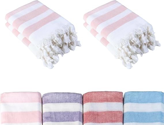 Pembe 4'lü - 90 x 180 cm - İnce & Transparan - Kadınlar için İpeksi Yumuşak Peştamal - Bambu & Pamuk Karışımı - Dokuma Şeritleri Solmaz ve Uzun Ömürlü - Dekoratif Hediyelik Peştamal