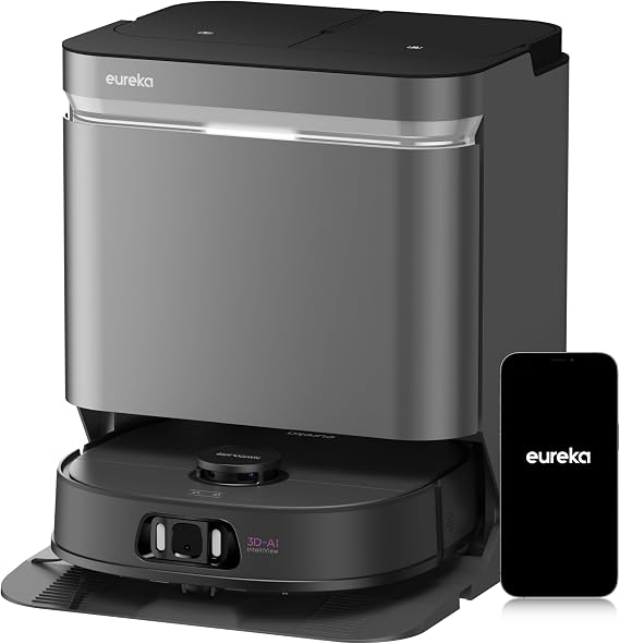 Eureka J15 Ultra Self Emptying Robot Vacuum, 19,000 Pa Suction, Flex-Arm Mop Design, 167FHot Water Mop Washing & 131F Hot Air Drying, AI Obstacle Avoidance, Black