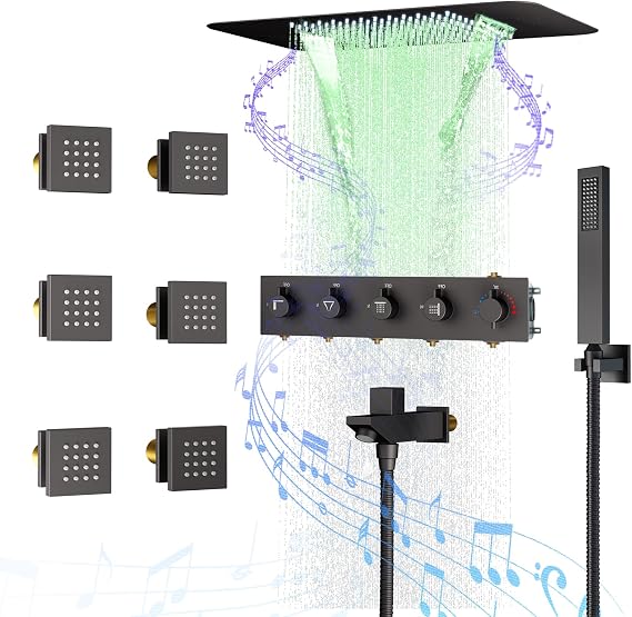 Matte Black Thermostatic Shower System with Body Jets, Ceiling Mounted Shower Faucet Set for Bathroom with 23 Inch LED Rainfall Shower Head and Handheld