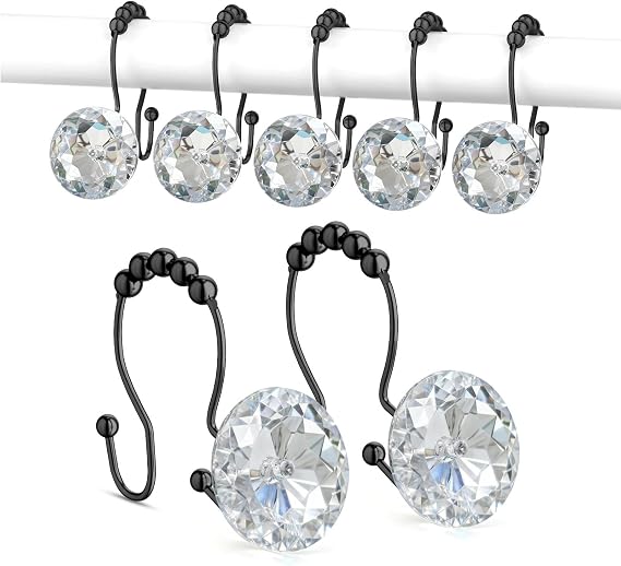 Goowin Shower Curtain Hooks, Crystal Shower Curtain Rings, Stainless Steel Black Shower Curtain Hooks, Metal Shower Curtain Hangers, Decorative Double Shower Hooks for Shower Curtain & Liner, Black