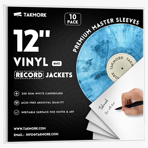 TAKMORK Vinyl Record Jackets, 12" 350gsm Blank, No Hole, White, 10 Pack | 4mm Writable Spine, Blank Cover for Labels, Dust and Scuff Protection, Replaces Worn Jackets, for Vinyl Storage