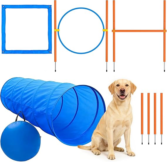 XiaZ Dog Agility Course Backyard Set, Dog Obstacle Course Training Starter Kit Pet Outdoor Game with Tunnel, Agility Hurdle, Weave Poles, Jump Ring, Pause Box, Collapsible Dog Bowls and Storage Bag