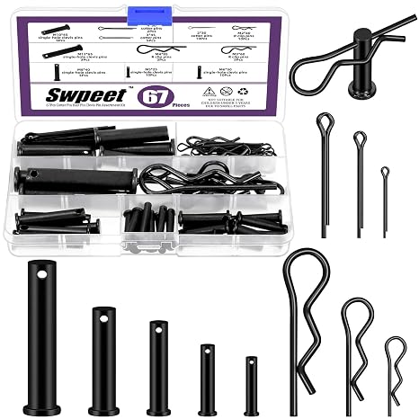 Swpeet 67Pcs 5 Sizes Clevis Pins with Cotter Pin Assortment Kit, Single Hole Flat Head Clevis Pins, R Pins, Hairpin, Cotter Pin, Split Pins Fitting Hole Location Pin Clips Fastener