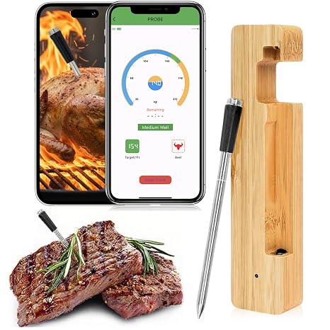Wireless Meat Thermometer Digital, Long Range Bluetooth 5.2 with App Control, Compatible with iOS & Android, IP68 Waterproof, Fast Charging & Magnetic Smart Food Thermometer for Oven Grill BBQ Smoker