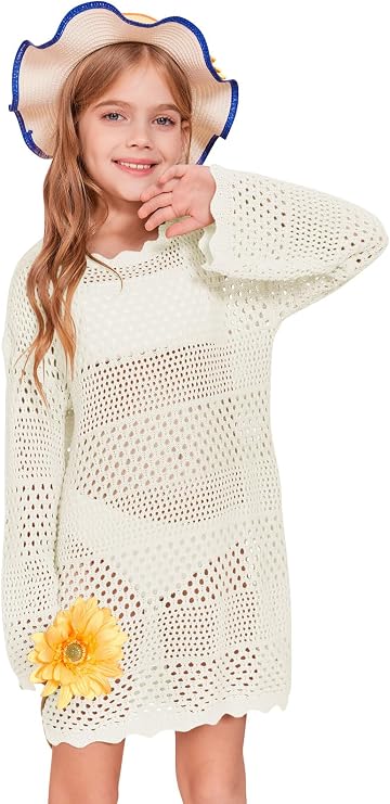 Batermoon Girls Crochet Long Sleeve Swimsuit Cover Up Kids Fashion Hollow Out Swimwear Beach Dress 5-14 Years