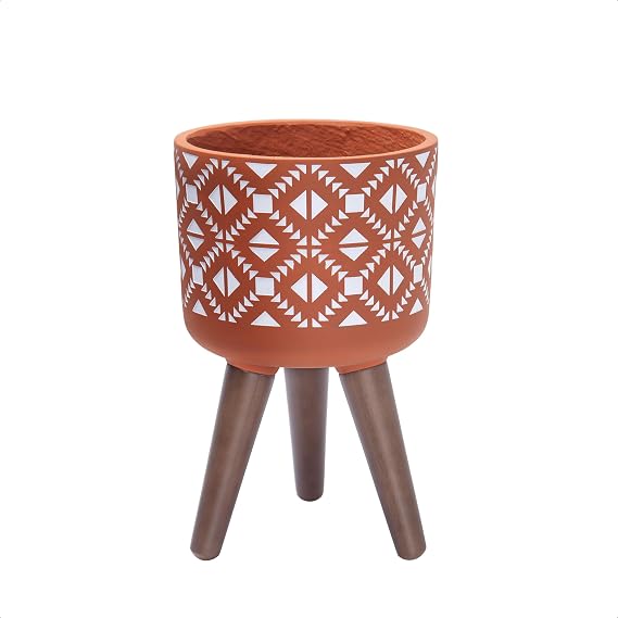 D'vine Dev Planter Pot with Wood Stand, 8 in, Terracotta/White, 88-G-A-5