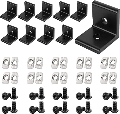 10pcs 2 Hole Inside Corner Bracket for 2020 Aluminum Extrusion 6mm Slot, 2020 Black L Corner Bracket 90 Degree with 20pcs M5 T Nuts,20pcs M5 Hex Screw,1pcs Wrench