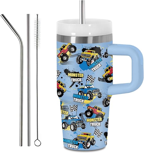 Hiboss 14 oz Monster Truck Tumbler with Handle and Straw for Kids, Insulated Stainless Steel Travel Mug for Boys, Double Wall Vacuum Reusable Cup, Birthday Gifts for Boys