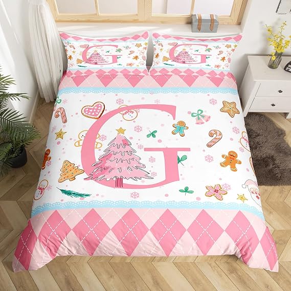 Feelyou Pink Christmas Tree Duvet Cover Queen Size Christmas Gingerbread Man Bedding Set for Boys Girls Xmas Letter G Comforter Cover Bedroom Decor 3Pcs No Comforter 2 Pillowcase