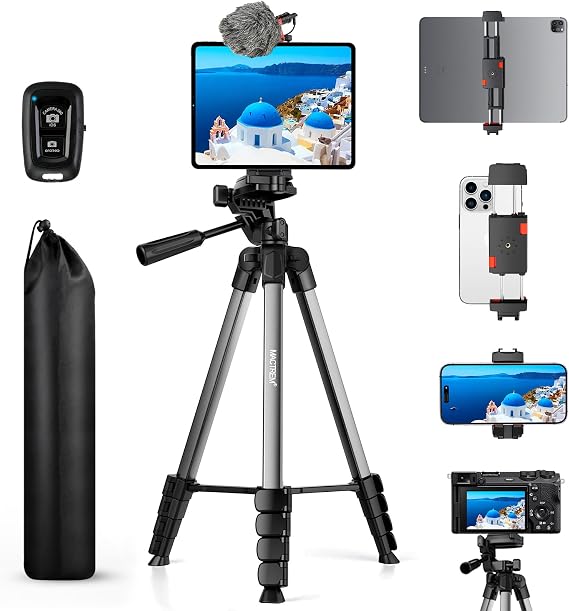 MACTREM 67" iPad Tripod Stand for Tablet Phone Camera with Remote Mount | 2-In-1 Holder Fits Ipad/Iphone Up To 12.9",Aluminum Extendable 17.7-67in,Remote, Video Recording/Vlogging,1/4" Screw Grey