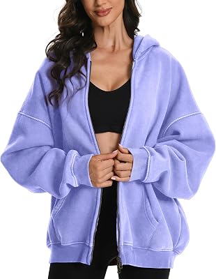 FAIABLE Womens Mens Zip Up Hoodie Oversized Acid Wash Hoodies Heavyweight Distress Cotton Fleece Zipper Hoodie Vintage Zip Washed Hoodie Sweatshirt Light Purple