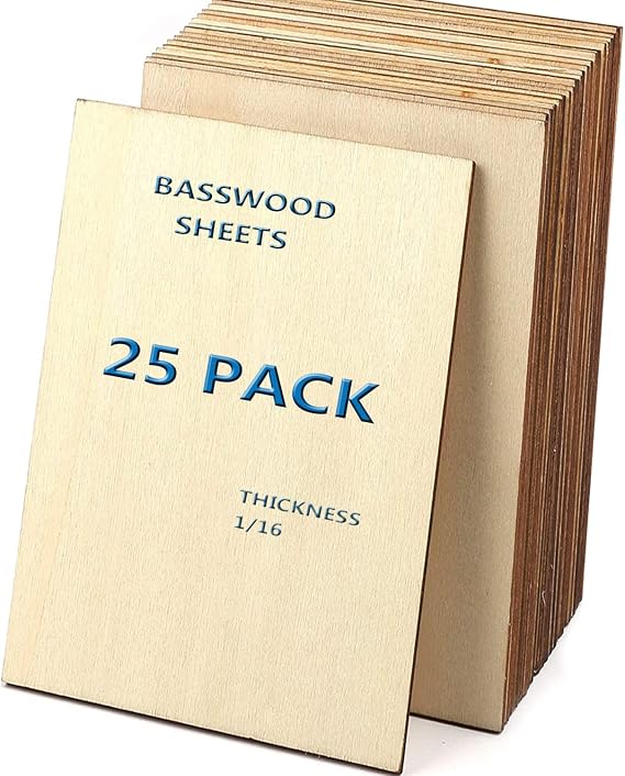 Unfinished Wood Pieces,25Pcs Basswood Sheets 1/16,Thin Plywood Wood Sheets for Crafts,Perfect for DIY Projects, Painting, Drawing, Laser,Engraving,Burning and CNC Cutting(150x100x1.5mm)