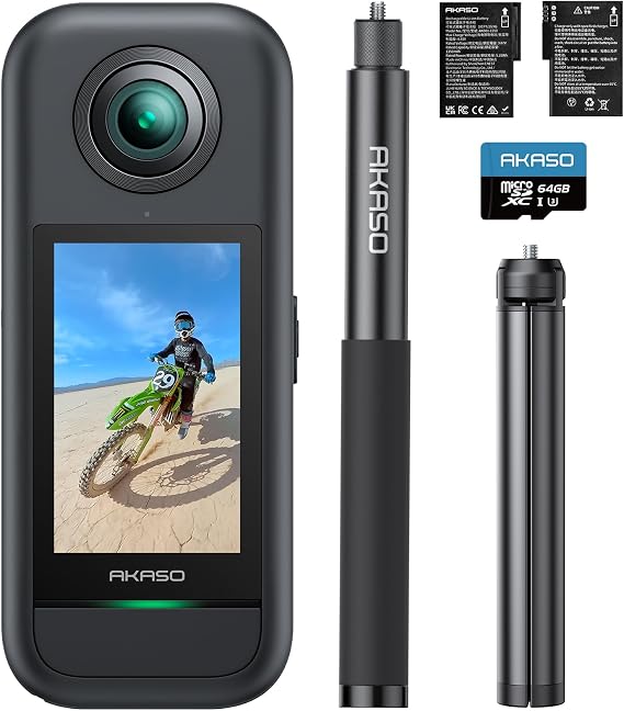 AKASO 360 Weatherproof 360 Action Camera with 64GB MicroSD Card and Extendable Selfie Stick Tripod Bundle