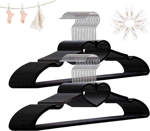 Plastic Hangers 30 Pack - Space Saving Slim Heart Hanger(Black) | Clothes Hanger With Clips ,360 Swivel Hook,Durable & strong,Ultra Thin Adult Coat Hangers for Dress,Shirt,Coats