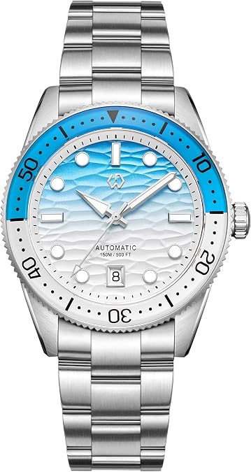 WISHDOIT Men's Automatic Dive Watch, Ice Blue Gradient Wave Dial, 39mm