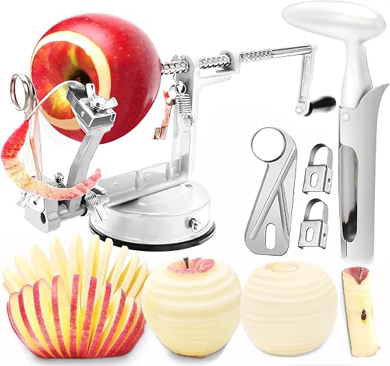 Apple Peeler Corer, 5 In 1 Apple Peeler Slicer Corer with Stainless Steel Blades and Powerful Suction Base for Apples and Potatoes(white)