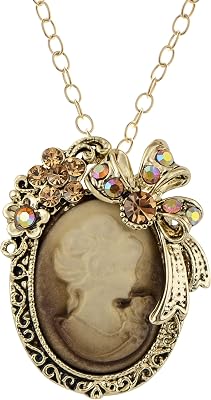 Alilang Vintage Inspired Crystal Rhinestones Victorian Lady Cameo Pendant Necklace Maiden Flower Ribbon Bow Brooch Pin