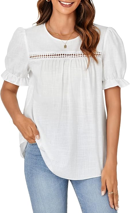 Rooscier Women's Cotton Puff Short Sleeve Round Neck Loose Cute Casual Blouse Top