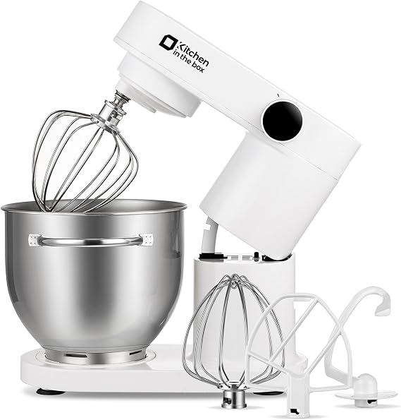 Upgraded Low Noise Version Kitchen in the box Stand Mixer 5L Large Capacity 6-Speed Adjustable Desktop Mixer 3 Types of Attachments Kneading/Mixing/Whipping Multi-Functional 3-in-1 Gloss White