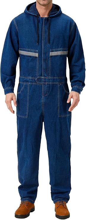 Mens Denim Work Coveralls with Hood Heavy Duty Work Jumpsuit Loose Fit Coverall Hi Viz Mechanic Jeans Overalls