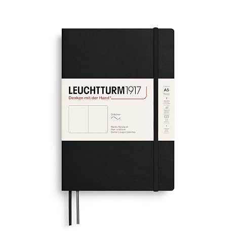 LEUCHTTURM1917 - Notebook Softcover Medium A5-123 Numbered Pages for Writing and Journaling (Plain, Black)
