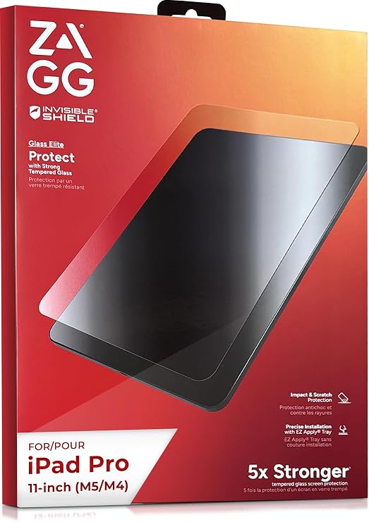 ZAGG Glass Elite Screen Protector for iPad Pro 11 Inch M5/M4 (2025/2024) 5X Stronger Tempered Glass, Anti-Scratch, Smudge-Resistant, Case-Friendly, Easy Application, HD Clarity