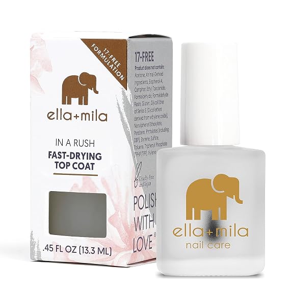 ella+mila Fast Dry Top Coat - Quick Dry, High-Shine Clear Nail Polish | High-gloss protective top coat; seals & extends manicure wear; quick dry; clear; vegan; 0.45 fl oz brush-on