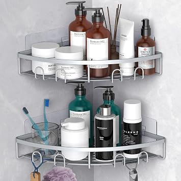 Corner Shower Caddy, 2 Pack Adhesive Bathroom Shower Corner Organizer Shelf, No Drilling Rustproof Wall Mounted Shower Storage Rack Shampoo Holder Organizer (Silver)