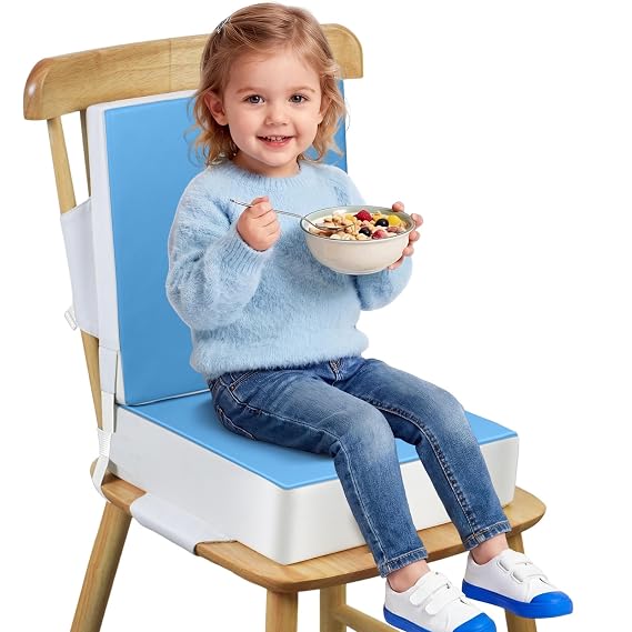 Toddler Booster Seat for Dining Table, Slip Bottom Double Safety Straps, Stronger Support Booster Seat Dining Toddler, Breathable Fabric Booster Seat for Table (Blue)