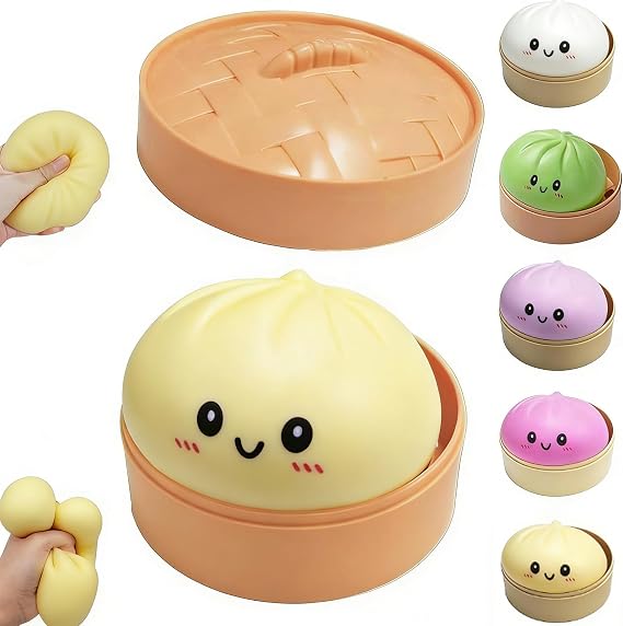 Dumpling Squishy Mystery Box, 3.34in Rainbow Mystery Giant Dumpling Squishy Fidget Toys Adults, Bao Bun Toy Stress Balls with Food Steamer Stretchy, for Classroom Prizes, Party gGifts (Random)