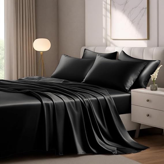 LuxClub 4 PC Sheet Set Bed Sheets Deep Pockets 18" Eco Friendly Wrinkle Free Cooling Machine Washable Hotel Bedding Silky Soft - Black King