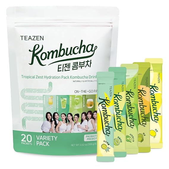 TEAZEN Kombucha Tea Tropical Zest Hydration Variety Pack - 20 Sticks, 5 Flavor (Lemon, Pineapple, Korean Plum, Shine Muscat, Green Mandarin-Lime)