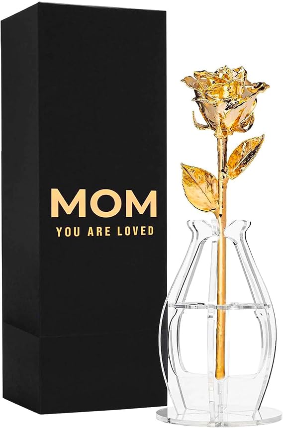 Forever Rose Bloom Box & Phantom Vase Combo, 24k Gold Dipped Rose |  in a Personalized Gift Box That Says Mom You are Loved Embossed in Gold Foil, Unique & Eternal Gift for Any Occasion