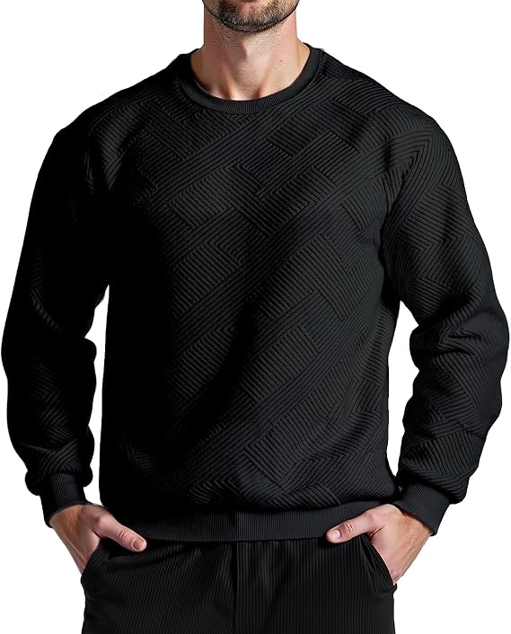 Men's Crewneck Pullover Sweatshirt Soild Color Geometric Texture Crewneck Sweatshirts