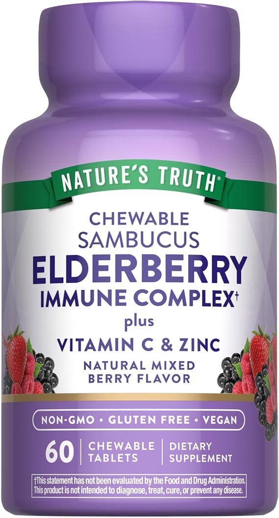 Nature's Truth Elderberry Immune Complex | 60 Chewable Tablets | Plus Vitamin C & Zinc | Mixed Berry | Vegan, Non-GMO, Gluten Free Supplement